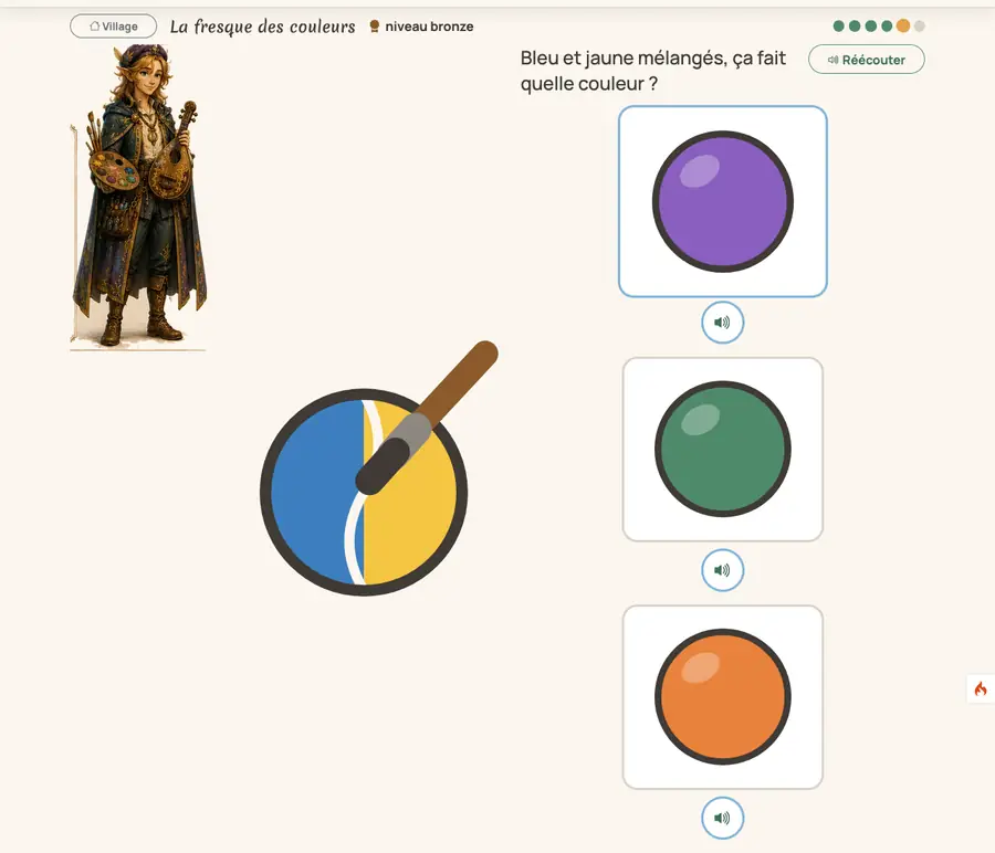 Un exercice du jeu : « Bleu et jaune mélangés, ça fait quelle couleur ? », avec trois pastilles à toucher