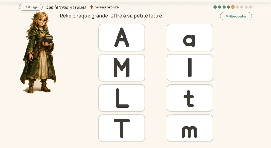 Épreuve des lettres perdues : relier chaque majuscule à sa minuscule