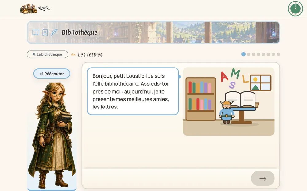 Un cours de la Bibliothèque : l'elfe bibliothécaire présente les lettres dans une bulle, à côté d'une illustration, avec un bouton pour réécouter