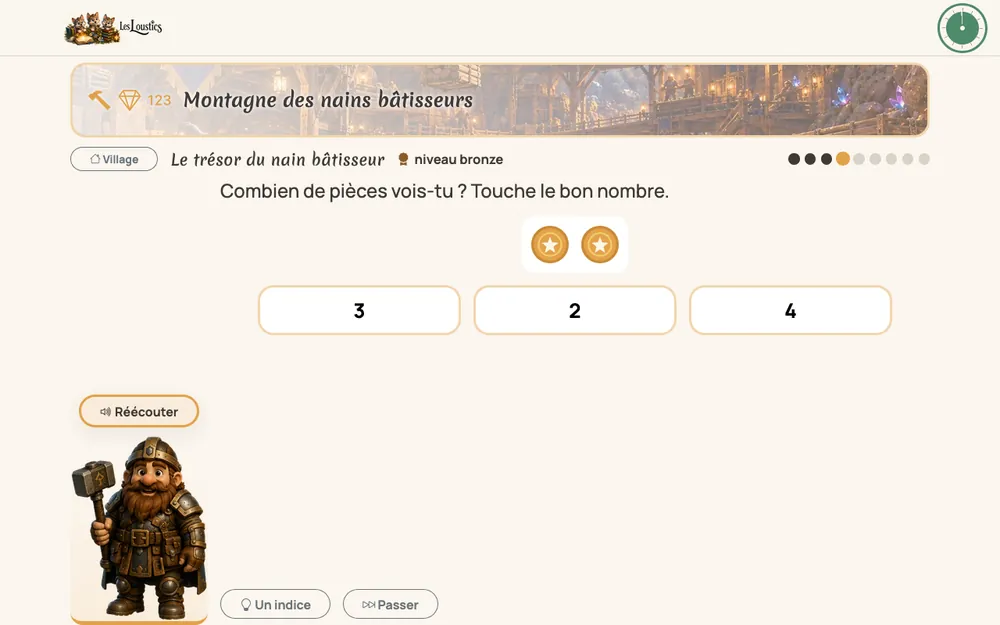 Une mission de la Montagne des nains bâtisseurs : « Combien de pièces vois-tu ? », trois grandes réponses à toucher et, à gauche, le professeur nain qui guide l'enfant