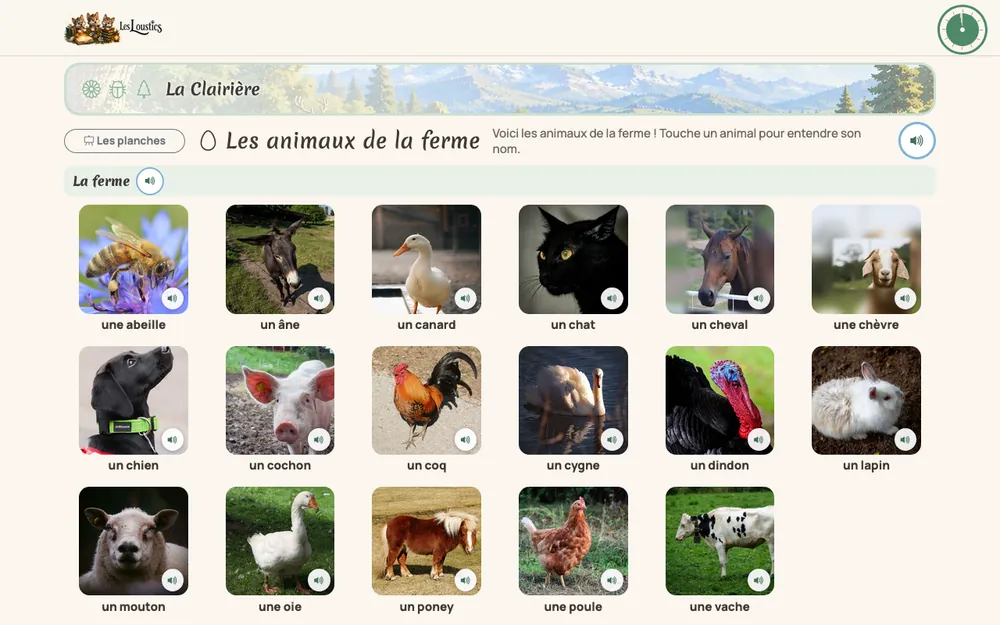 La planche des animaux de la ferme : dix-sept photos d'animaux nommés, chacune avec un bouton pour entendre son nom