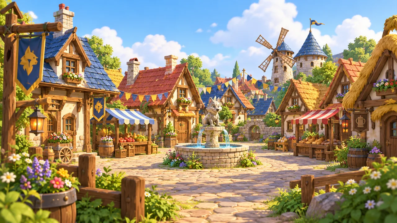 Le village des Loustics peint en fond : maisons à colombage pavoisées, fontaine du louveteau, moulin et tours au soleil