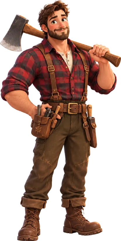 Le bûcheron en pied : barbe brune, chemise à carreaux rouges, bretelles de cuir et ceinture à outils, une hache sur l'épaule