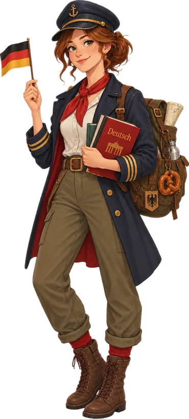 La capitaine en pied : casquette de marin brodée d'une ancre, cheveux roux bouclés, foulard rouge, manteau bleu marine à galons dorés, un petit drapeau allemand levé et un livre « Deutsch » contre elle