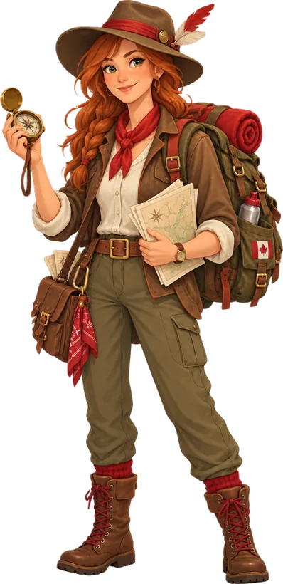 L'aventurière cartographe en pied : chapeau de feutre à plume rouge, longue natte rousse, foulard rouge, une boussole ouverte dans une main, des cartes dans l'autre et un grand sac à dos