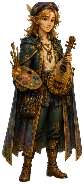 L’elfe musicien-peintre, guide des arts, luth et palette à la main