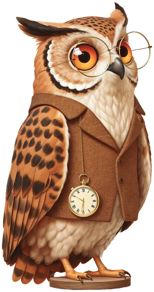 Le hibou sage en pied : grand hibou brun aux yeux orange, lunettes rondes, gilet de tweed et montre à gousset, perché sur un socle de bois