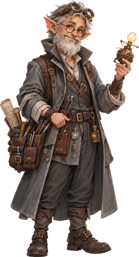 Le Lutin en pied : un gnome inventeur à la barbe grise, lunettes rondes et lunettes de soudeur relevées sur le front, long manteau gris, ceinture d'outils et sacoches pleines de parchemins, une lanterne à la hanche et une lampe mécanique à engrenages levée dans la main